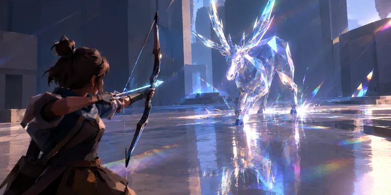 a low poly 3D archer facing a crystal stag in a stone courtyard